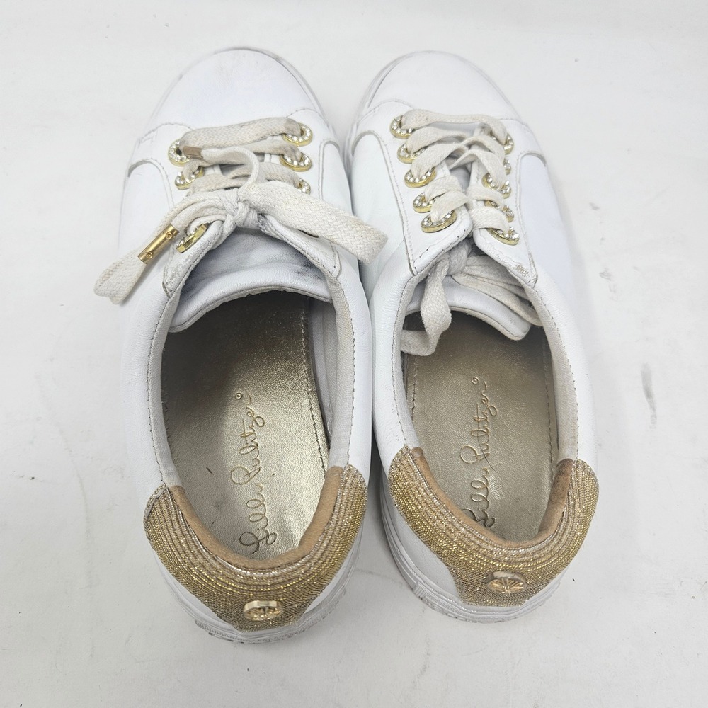 Lilly Pulitzer White Leather Gold Rhinestone Eyelet Low Top Sneakers Womens Sz 7 - Picture 9 of 11